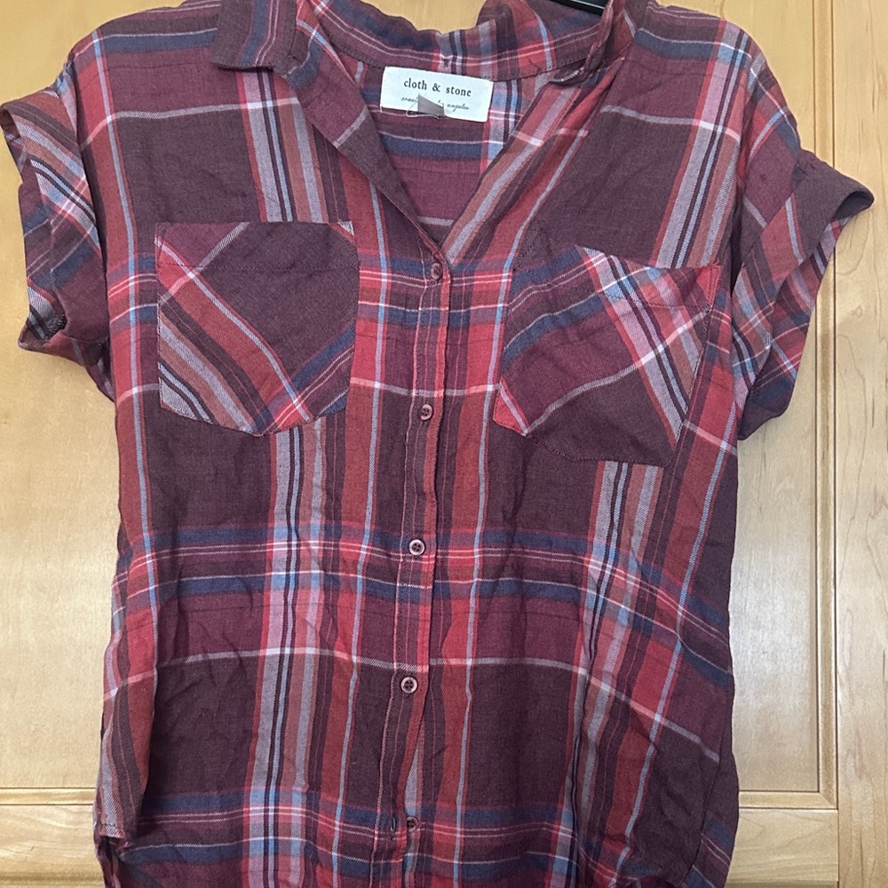 cloth & stone Burgundy and Red Plaid Short-Sleeve Button Shirt